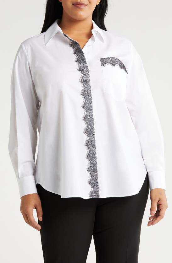 Marina Rinaldi Foce Lace Trim Cotton Poplin Button-up Shirt In White