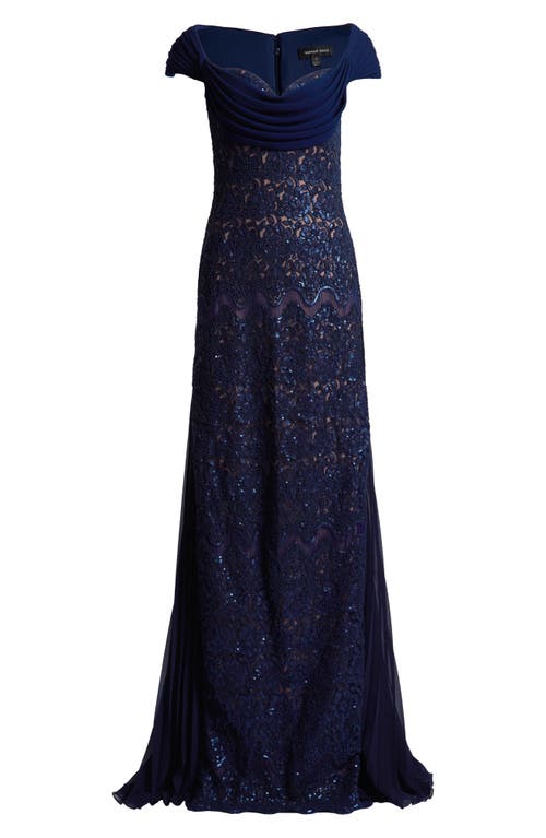 Shop Tadashi Shoji Sequin Corded Lace Sweetheart Neck Gown In Royal Navy/nude