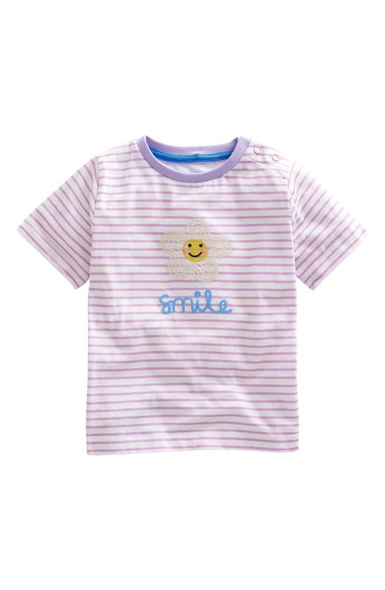 Mini Boden Babies' Kids' Stripe Embroidered Cotton T-shirt In Ivory/soft Lavender