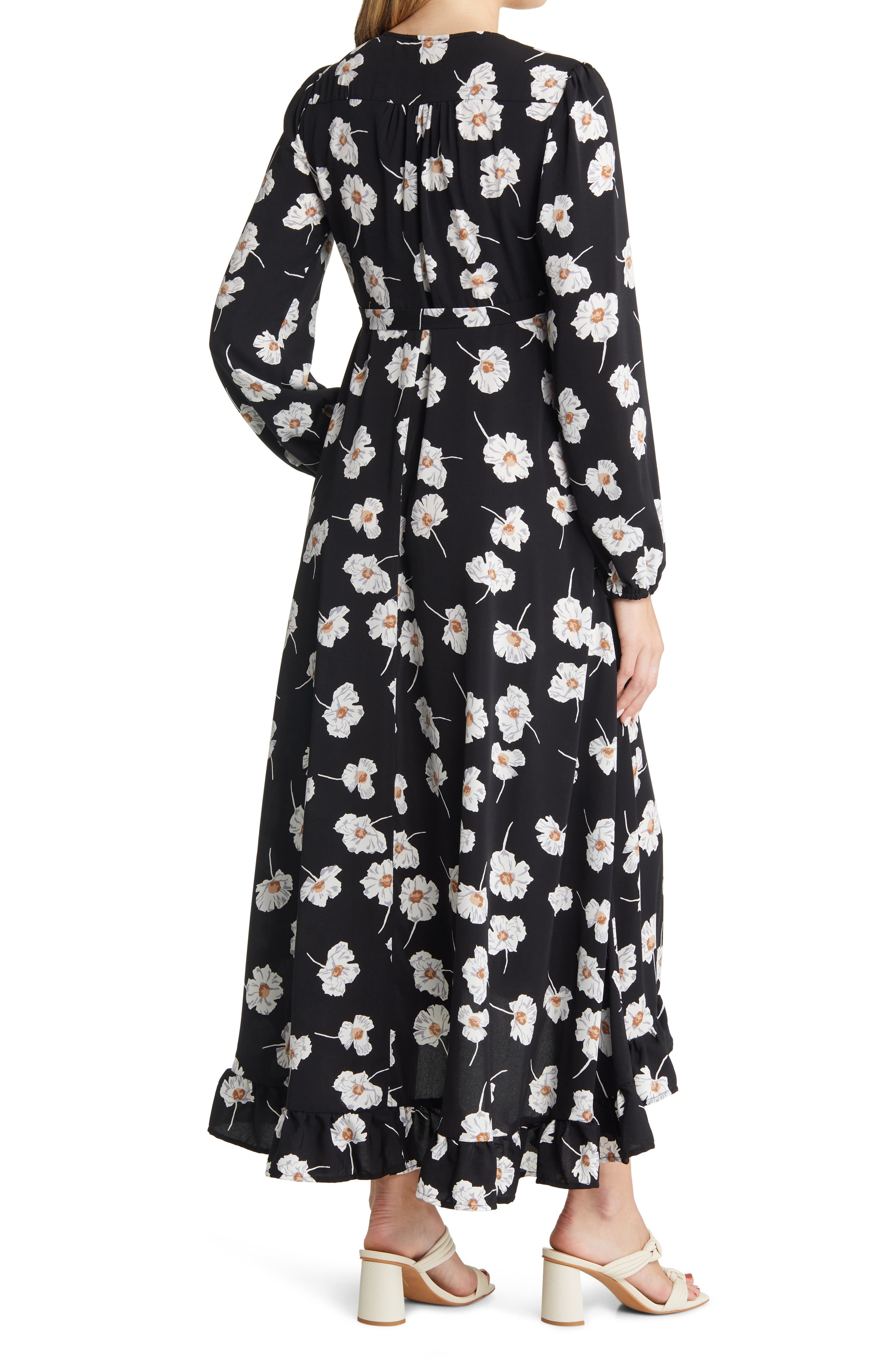 Halogen Floral Print Long Sleeve Wrap Midi Dress in Black Floral at Nordstrom, Size Medium