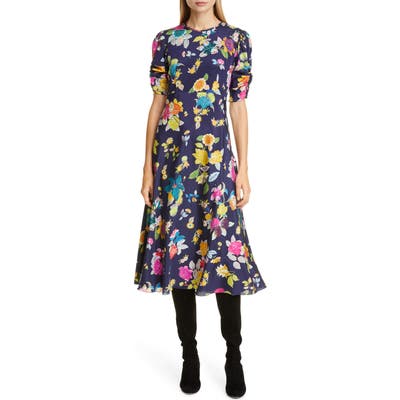 Etro Floral Print Ruched Sleeve Midi Dress, US / 48 IT - Blue
