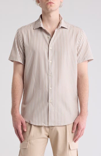Shop Denim And Flower Stripe Dressy Short Sleeve Button-up Tech Shirt In Beige