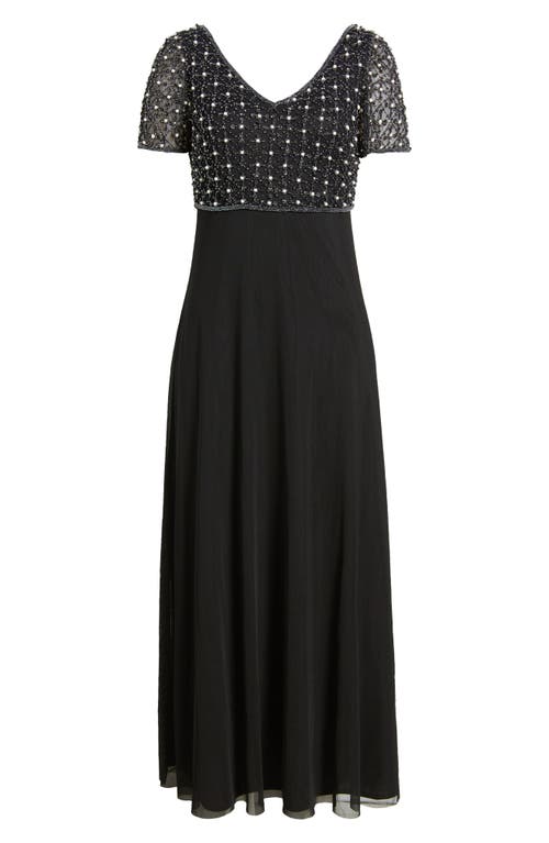 Shop Pisarro Nights Pearly Beaded Short Sleeve A-line Gown In Black