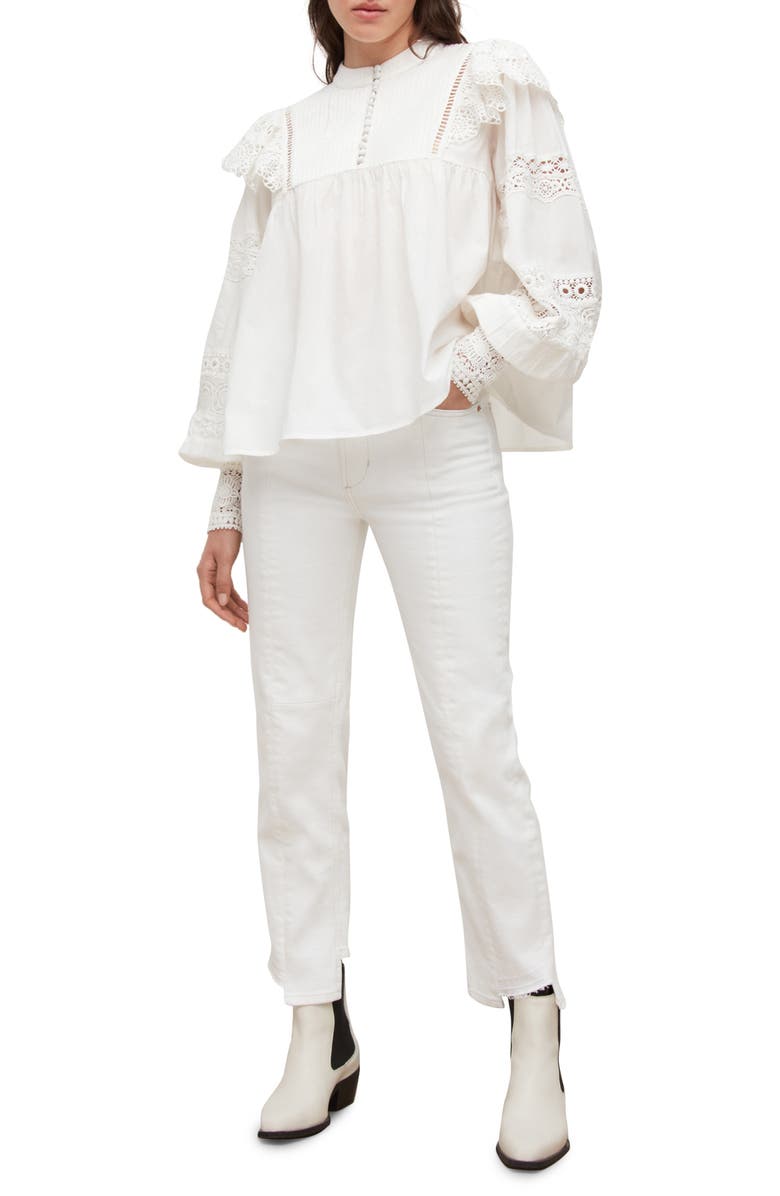 AllSaints Jen Lace Trim Long Sleeve Cotton Top, Alternate, color, 