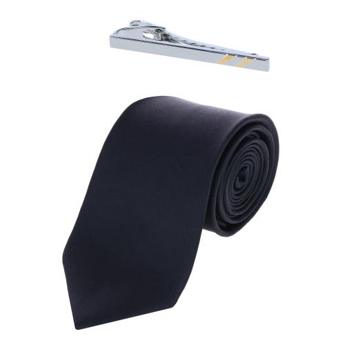 TRAFALGAR TRAFALGAR SUTTON SILK NECK TIE & RHODIUM AND GOLD TIE BAR SET 