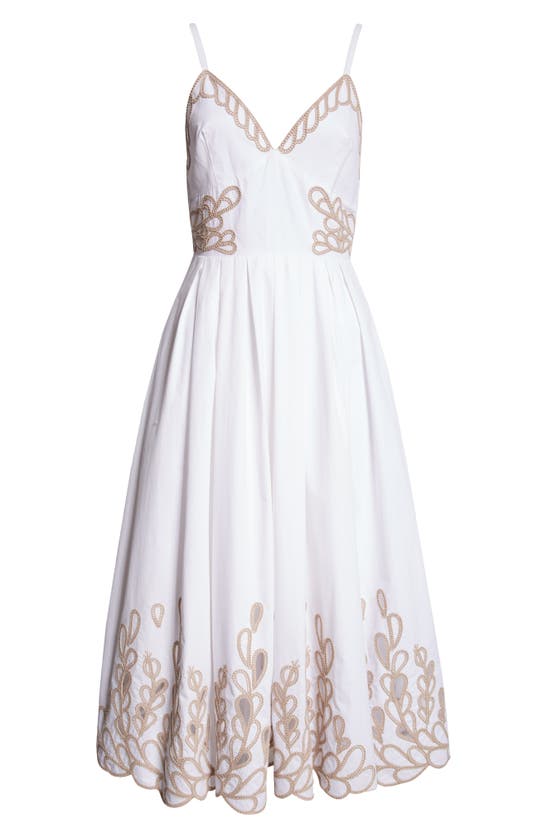 Shop Cinq À Sept Maude Braid Detail Cotton Midi Dress In White/ Khaki