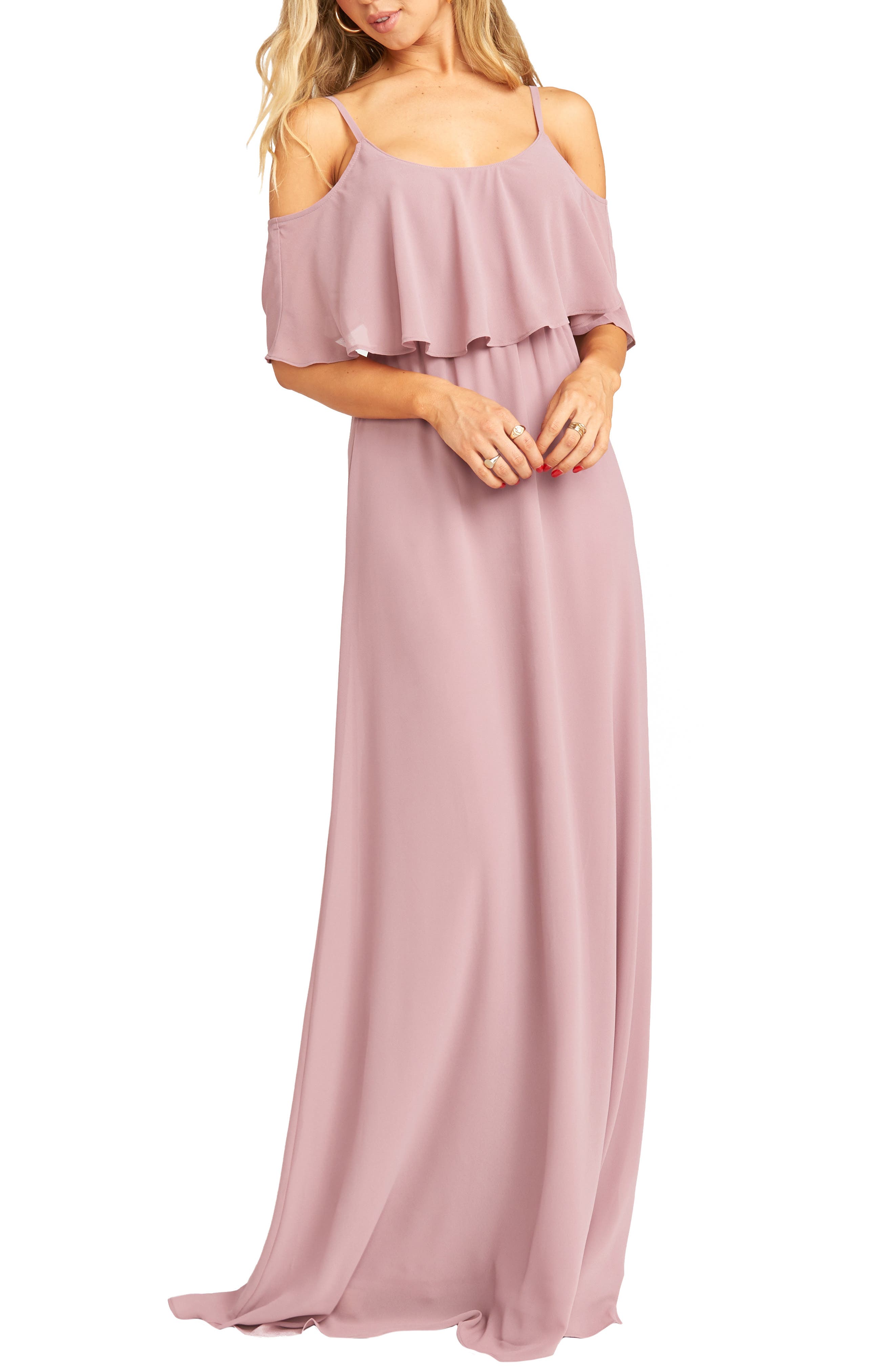 Show Me Your Mumu Caitlin Cold Shoulder Chiffon Gown, Pink