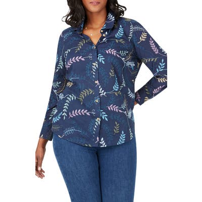 Plus Size Foxcroft Rhea In All Over Embroidery Button-Up Shirt, Blue