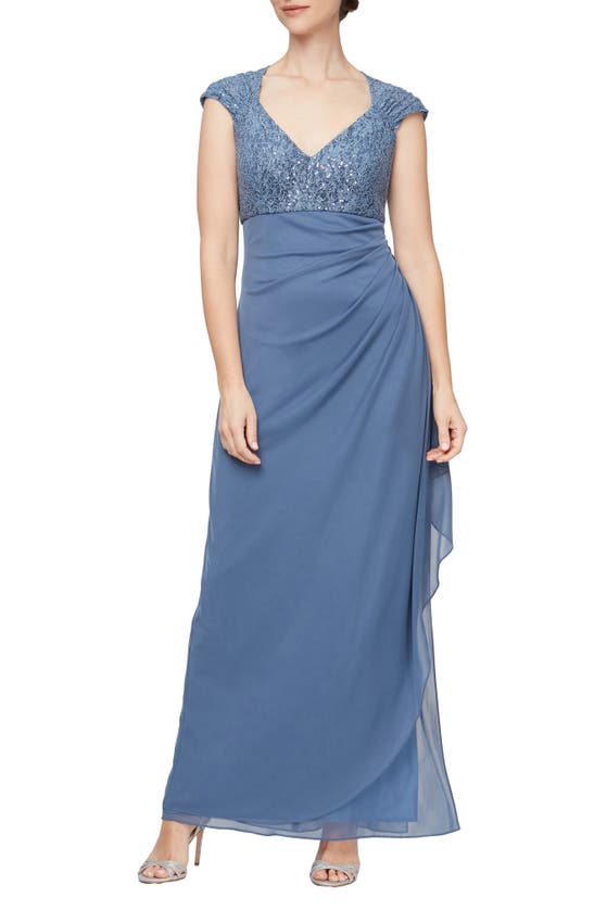 Alex Evenings Sequin Lace Bodice Empire Waist Gown In Blue