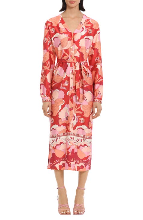 Floral Print Long Sleeve Belted Midi Shirtdress