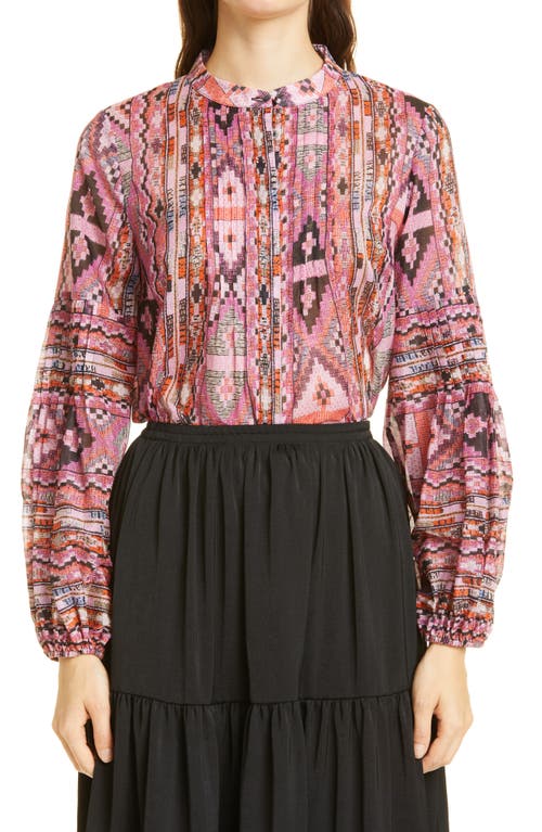 KOBI HALPERIN Melody Print Pintuck Cotton Blouse in Pink Lady Multi at Nordstrom, Size Small