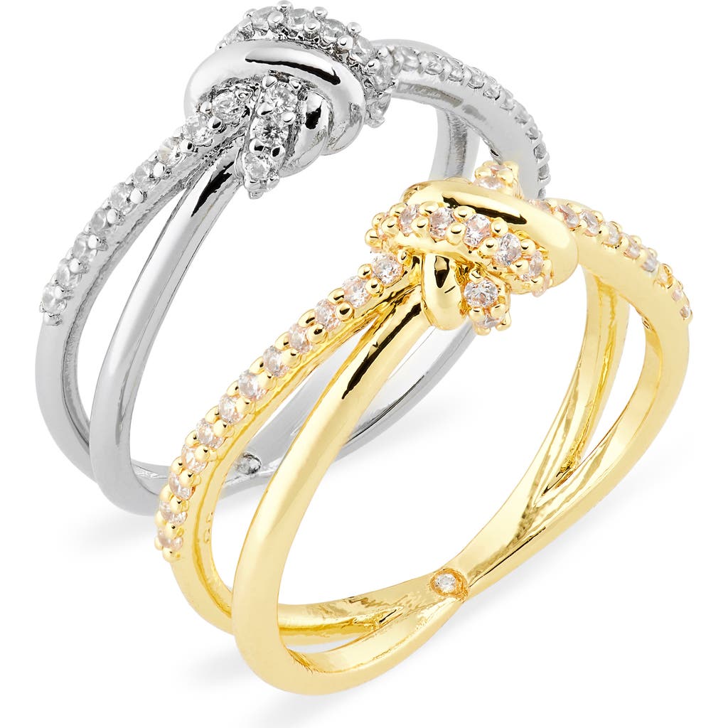 Covet Set Of Two Stackable Knot Ring Set In Gold Rhodium