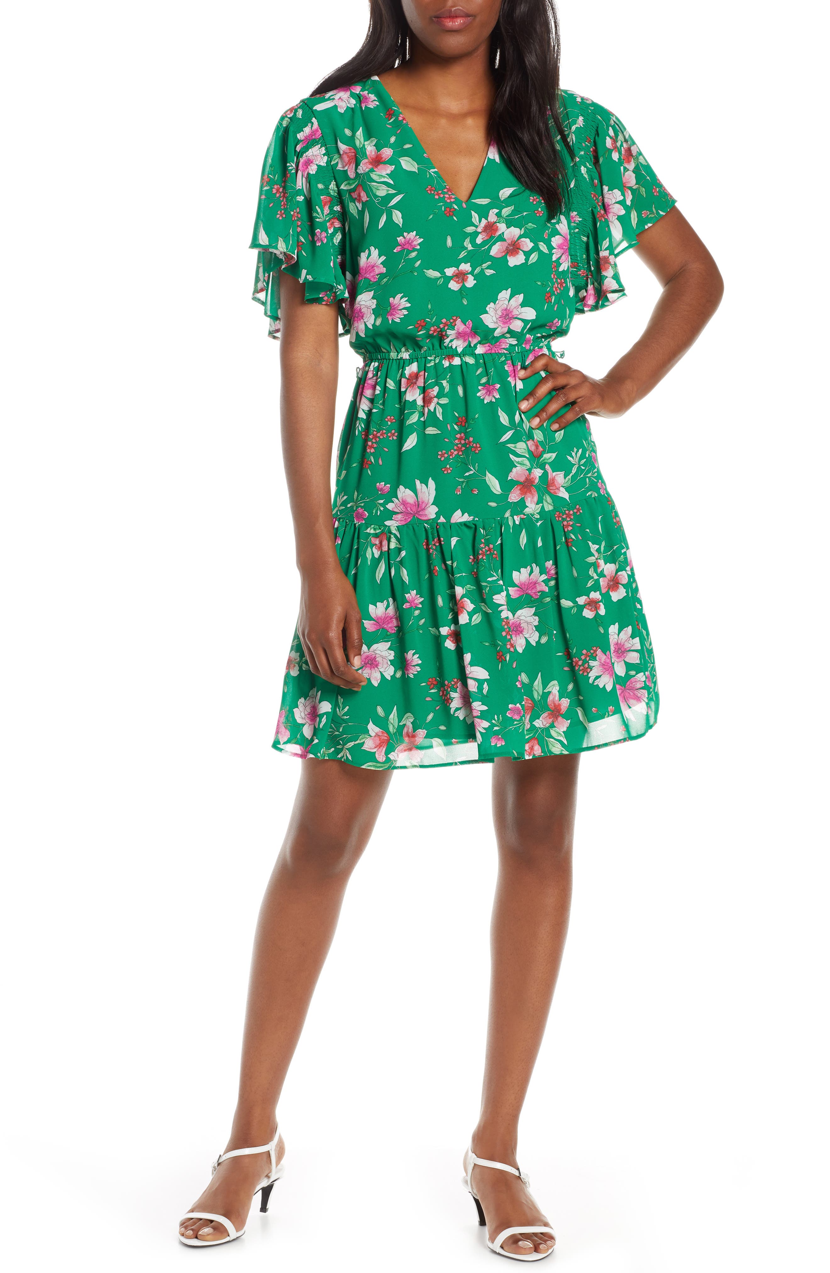 Vince Camuto Floral Print Chiffon Dress, Green
