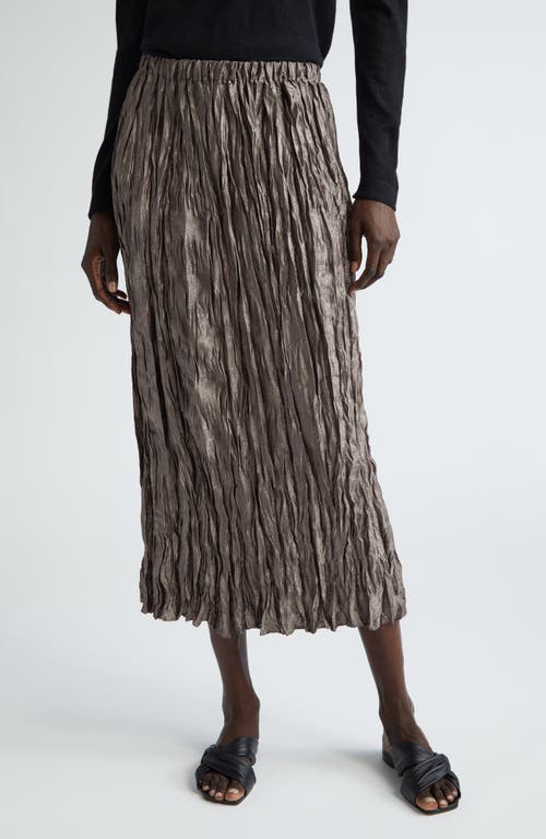 Crinkle Pleated Pull-On Midi Skirt in Pewter Metallic