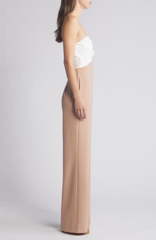 Shop Black Halo Jada Strapless Wide Leg Jumpsuit In Desert Sand/ Pearl