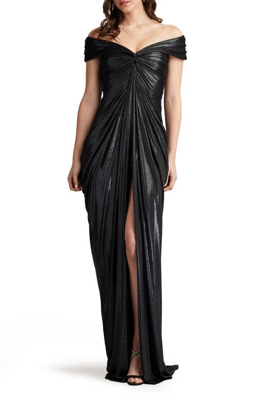 Shop Tadashi Shoji Metallic Front Twist Off The Shoulder Gown In Titanium