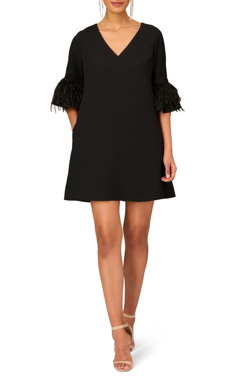 Aidan Mattox Feather-sleeve Crepe Trapeze Dress In Black