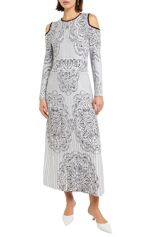 Shop Misook Floral Cold Shoulder Long Sleeve A-line Dress In Black/white