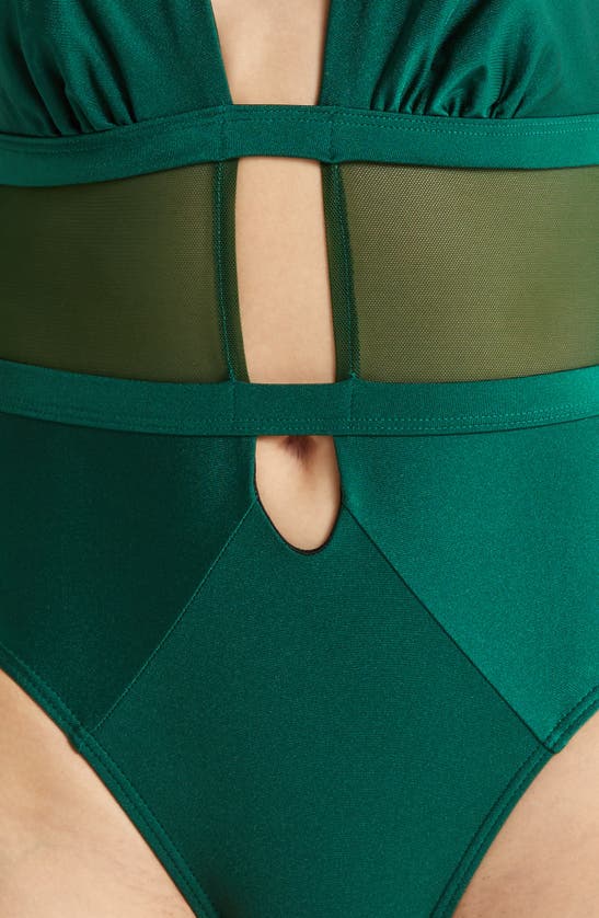 Shop Villa Fresca Stella Plunge Mesh Inset One-piece Swimsuit In Shinny Cypress
