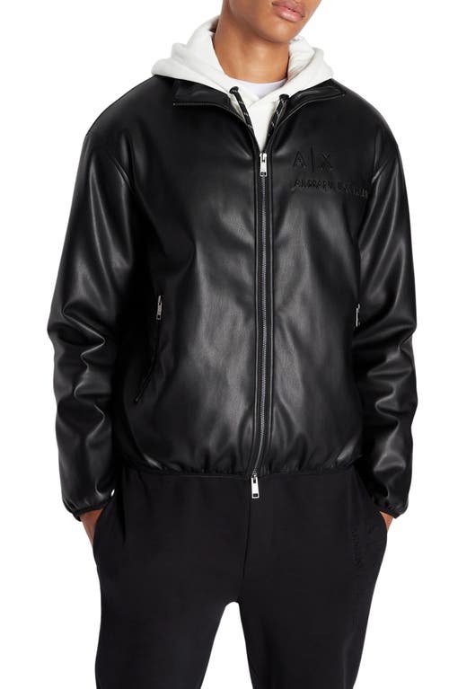 Logo Embroidery Faux Leather Jacket in Black
