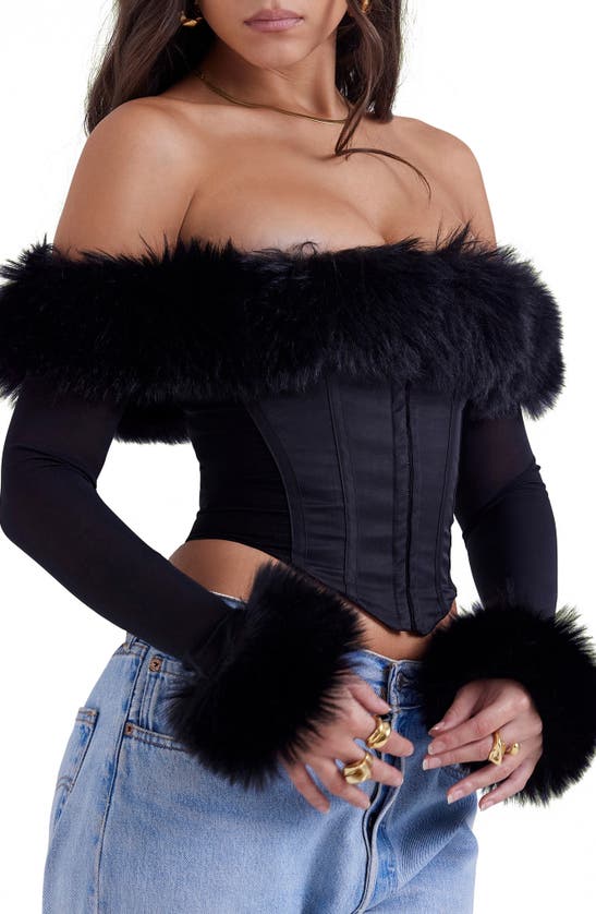 House Of Cb Merle Faux Fur Off The Shoulder Crop Corset In Black