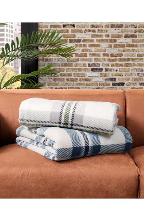 Lucky Brand Plaid Faux Shearling Throw Blanket In Ivory Blue