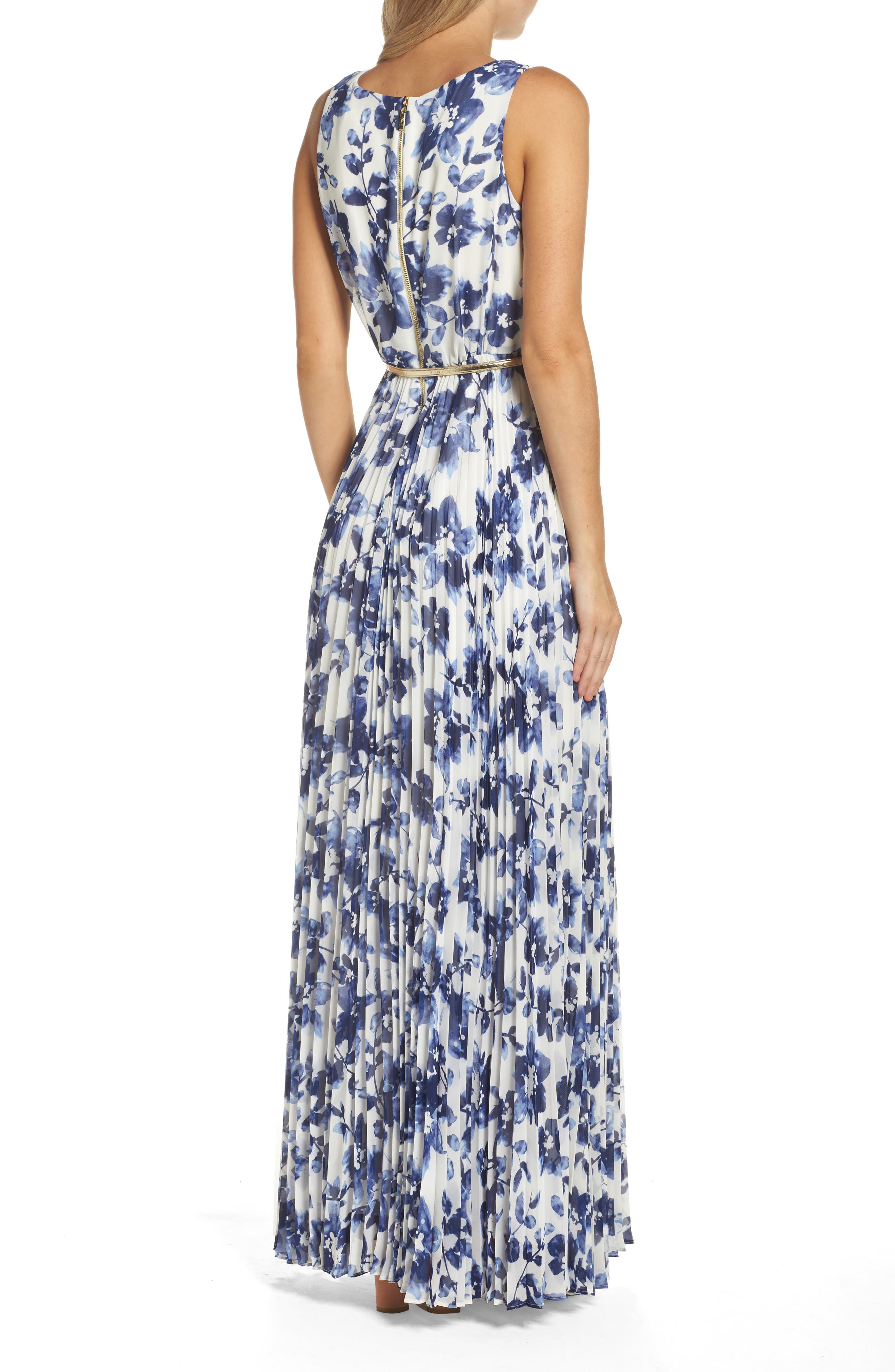 pleated floral chiffon maxi dress eliza j