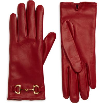 Gucci Horsebit Nappa Leather Gloves, Red