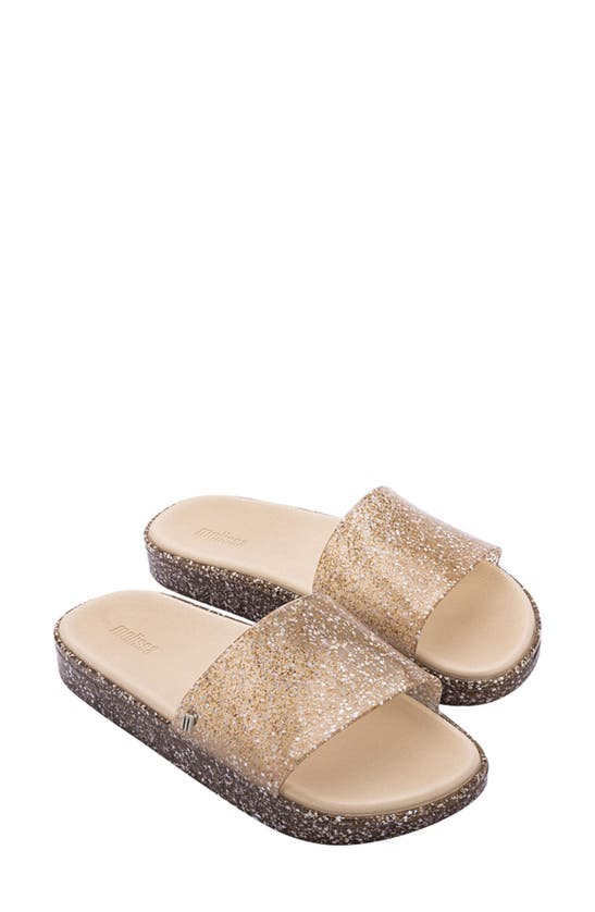 Melissa Beach Slide Sandal In Clear Glitter/ Beige