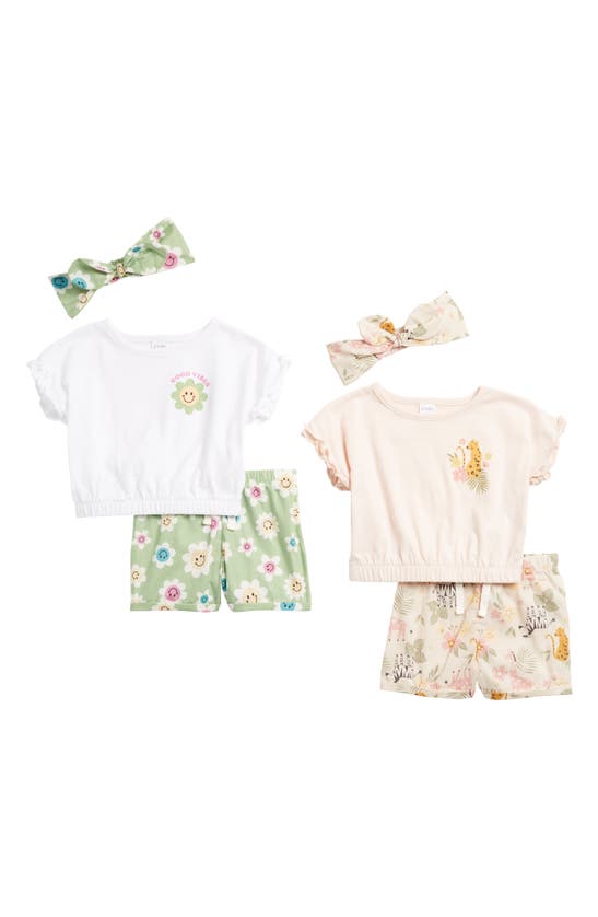 Petit Lem Babies' Pack Of Two Headband, Top & Shorts Set In White Flower
