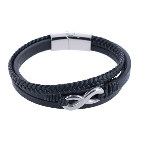 Trafalgar Diagonal Rhodium Cufflinks & Infinity Triple Band Leather Bracelet In Silver