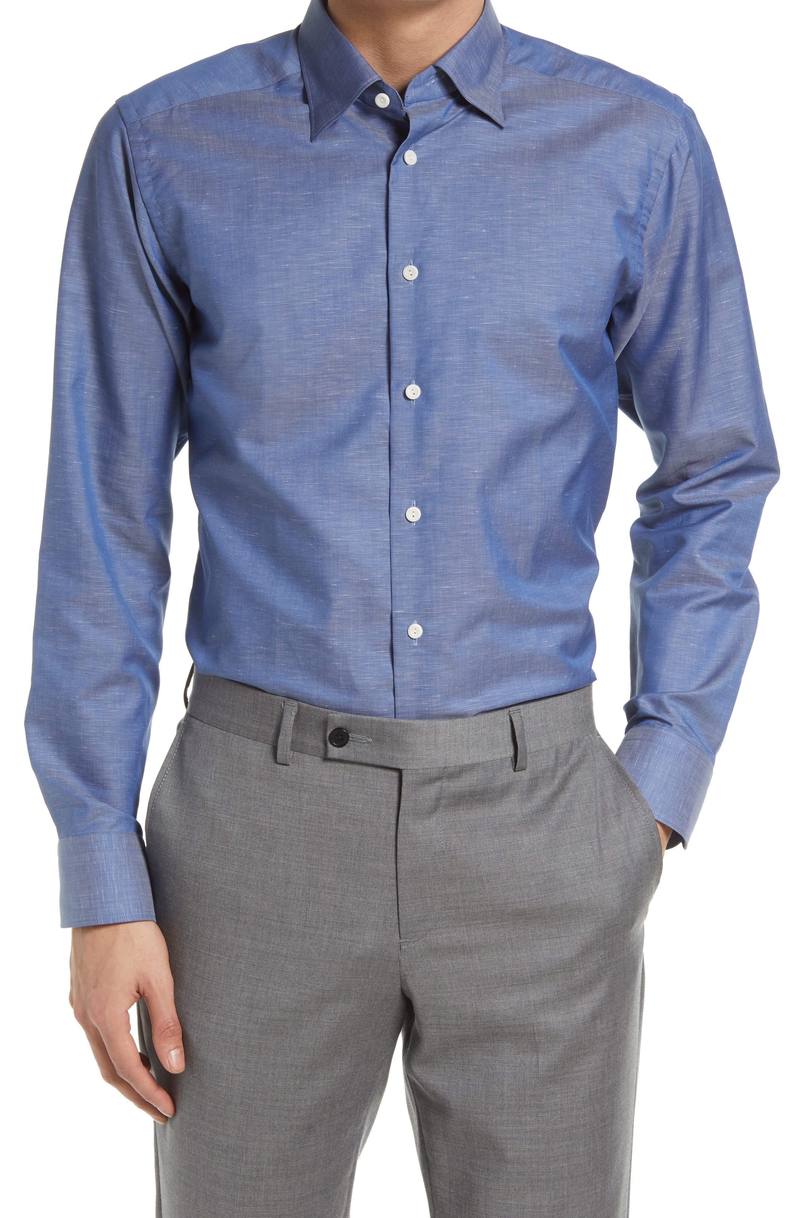 Eton Slim Fit Cotton & Linen Dress Shirt in Medium Blue