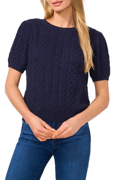 Shop Cece Cable Stitch Short Sleeve Sweater In Classic Navy