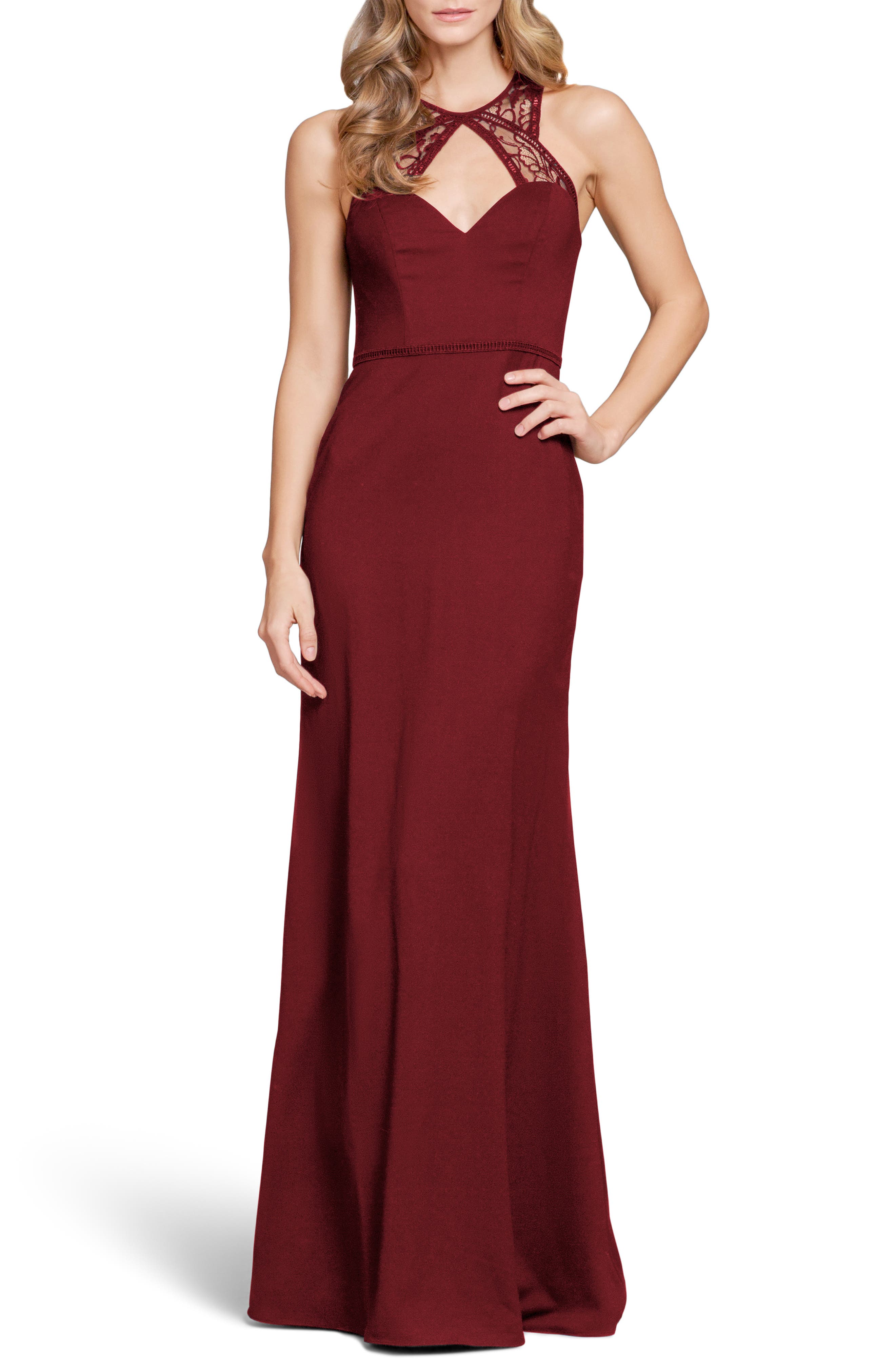 Hayley Paige Occasions Lace & Chiffon Halter Gown, Burgundy
