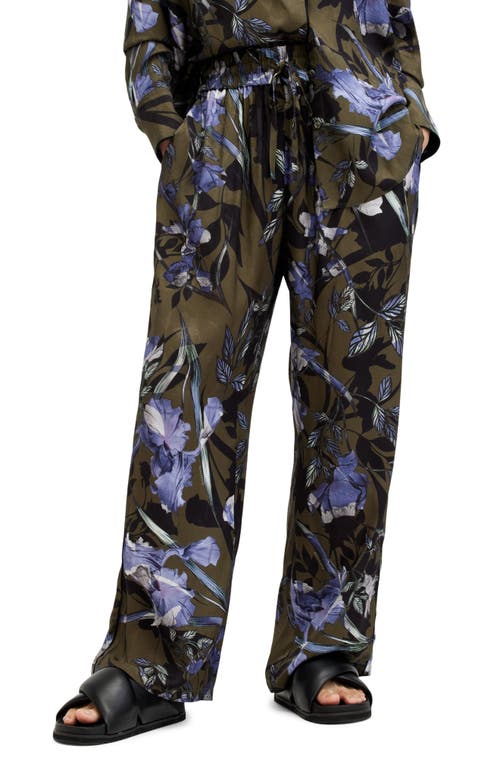 AllSaints Tyler Batu Floral Print Wide Leg Pants Deep Khaki Green at Nordstrom,