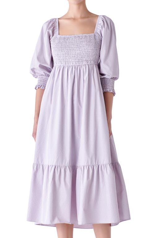 Shop English Factory Gingham Smocked Puff Sleeve Midi Dress In Lilac/blush