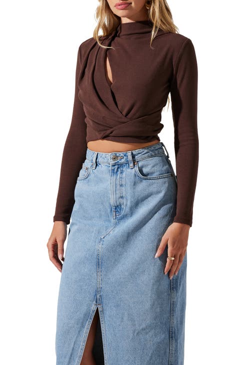 Amina Long Sleeve Front Twist Crop Top in Mauve