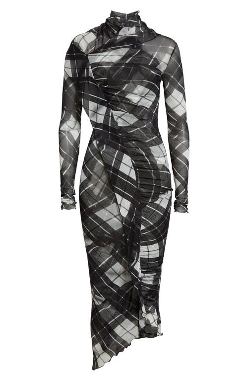 Shop Jean Paul Gaultier Draped Plaid Long Sleeve Mesh Midi Dress In Black/grey/white