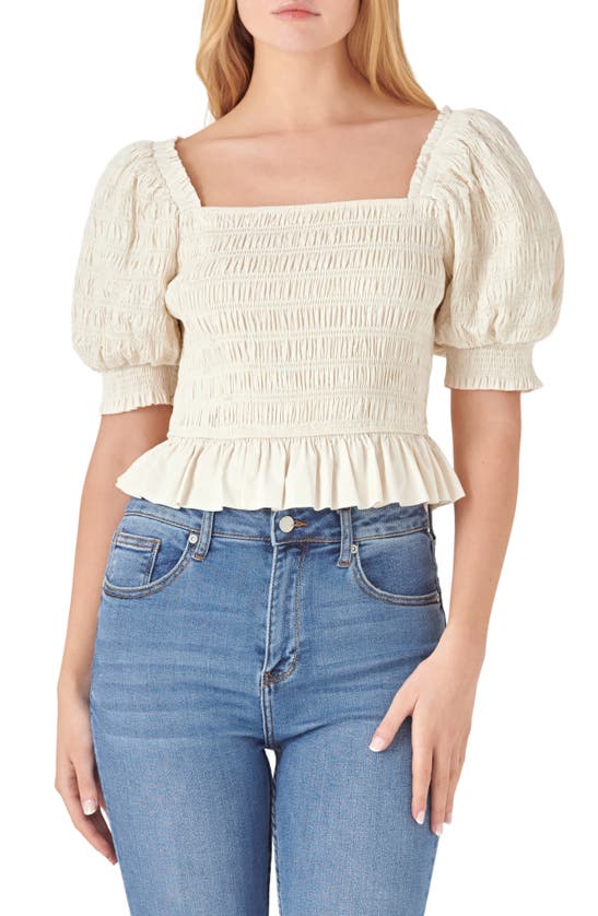 English Factory Smocked Puff Sleeve Peplum Top In Ivory