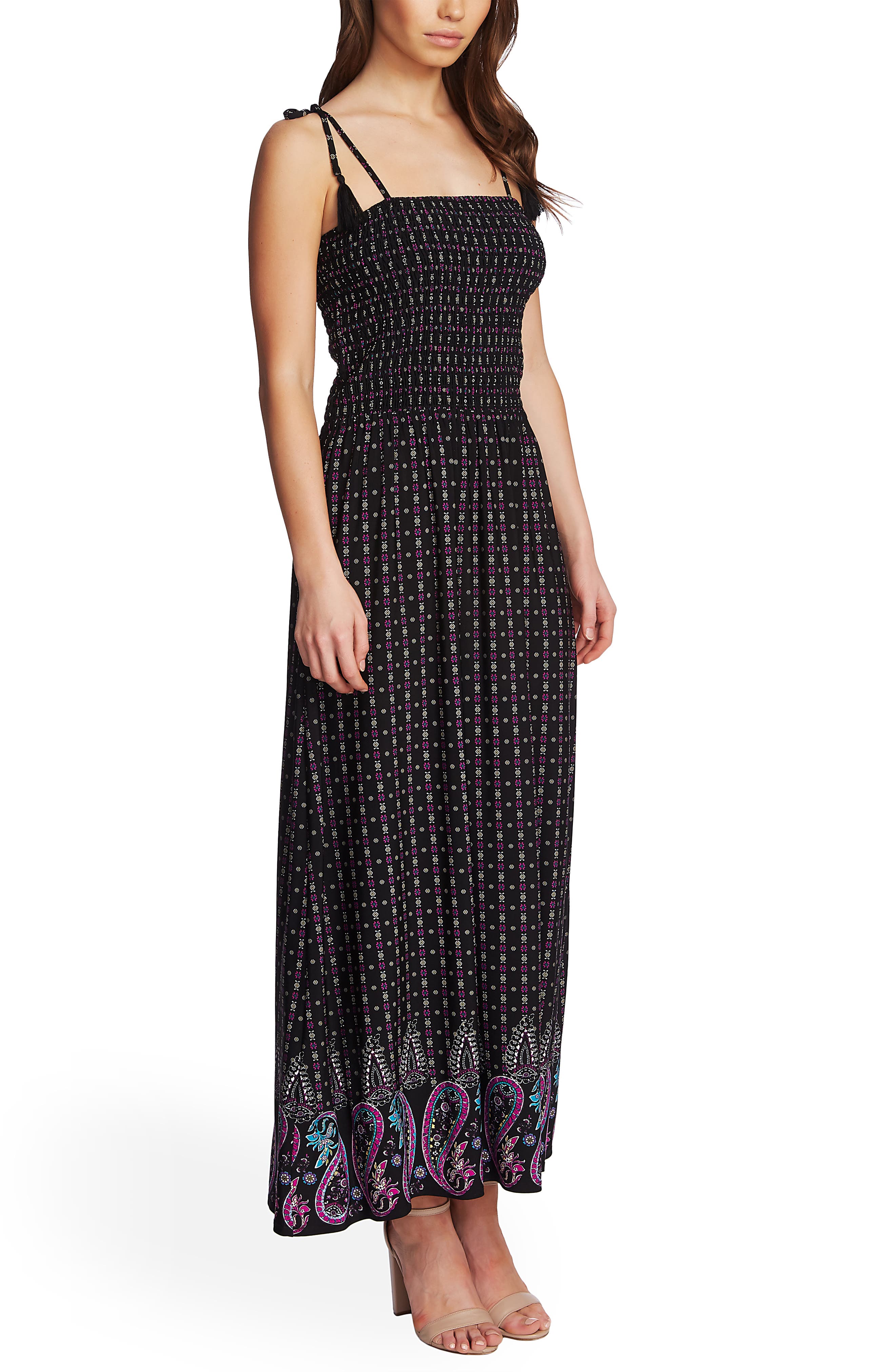 Cece Mosaic Paisley Smocked Bodice Maxi Sundress, Black