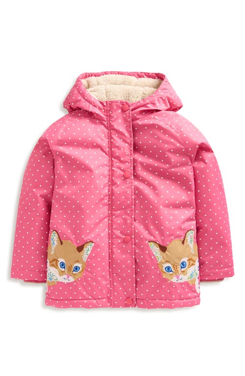 Shop Mini Boden Kids' Polka Dot Kitty Appliqué Zip-up Hooded Puffer Jacket In Pink Peeking Cats