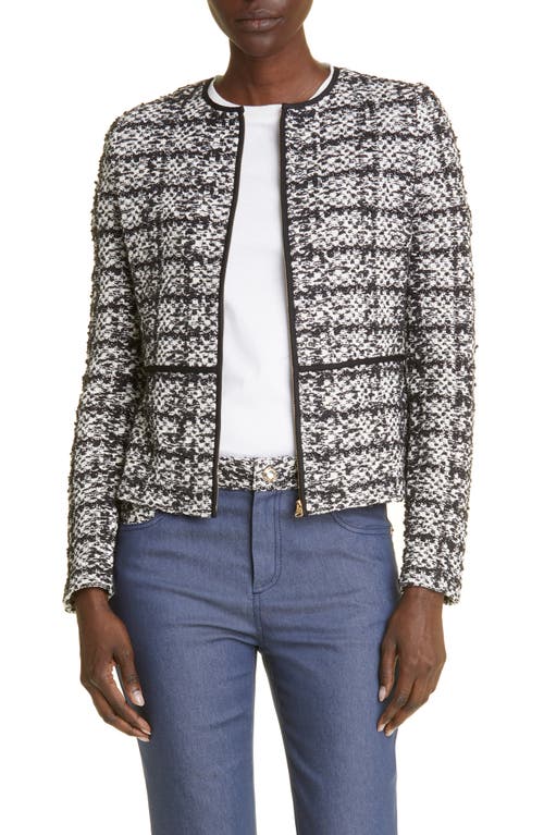 St. John Collection Cotton Blend Tweed Peplum Jacket in Ecru/Black