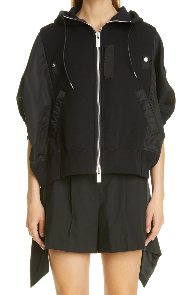 SACAI Sponge Mixed Media Full Zip Hoodie, Main, color, BLACK