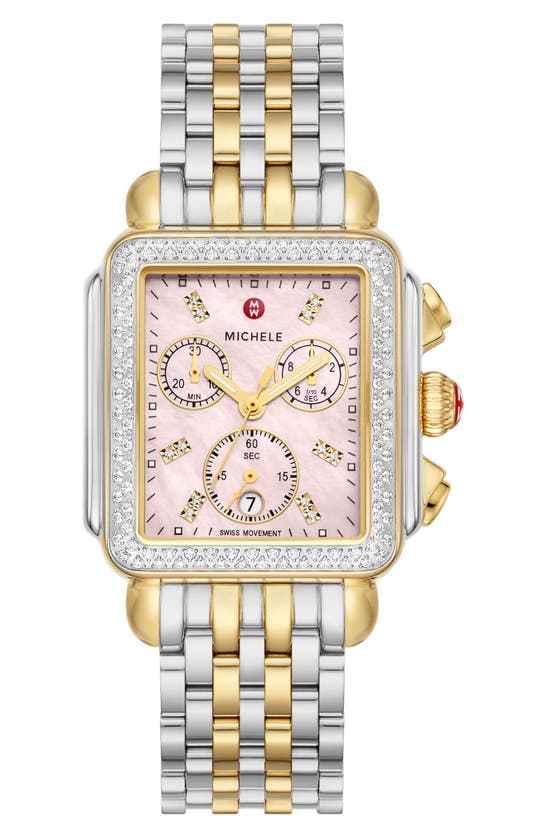 Michele 33mm Deco Diamond Two-tone Bracelet Watch In Country Rose