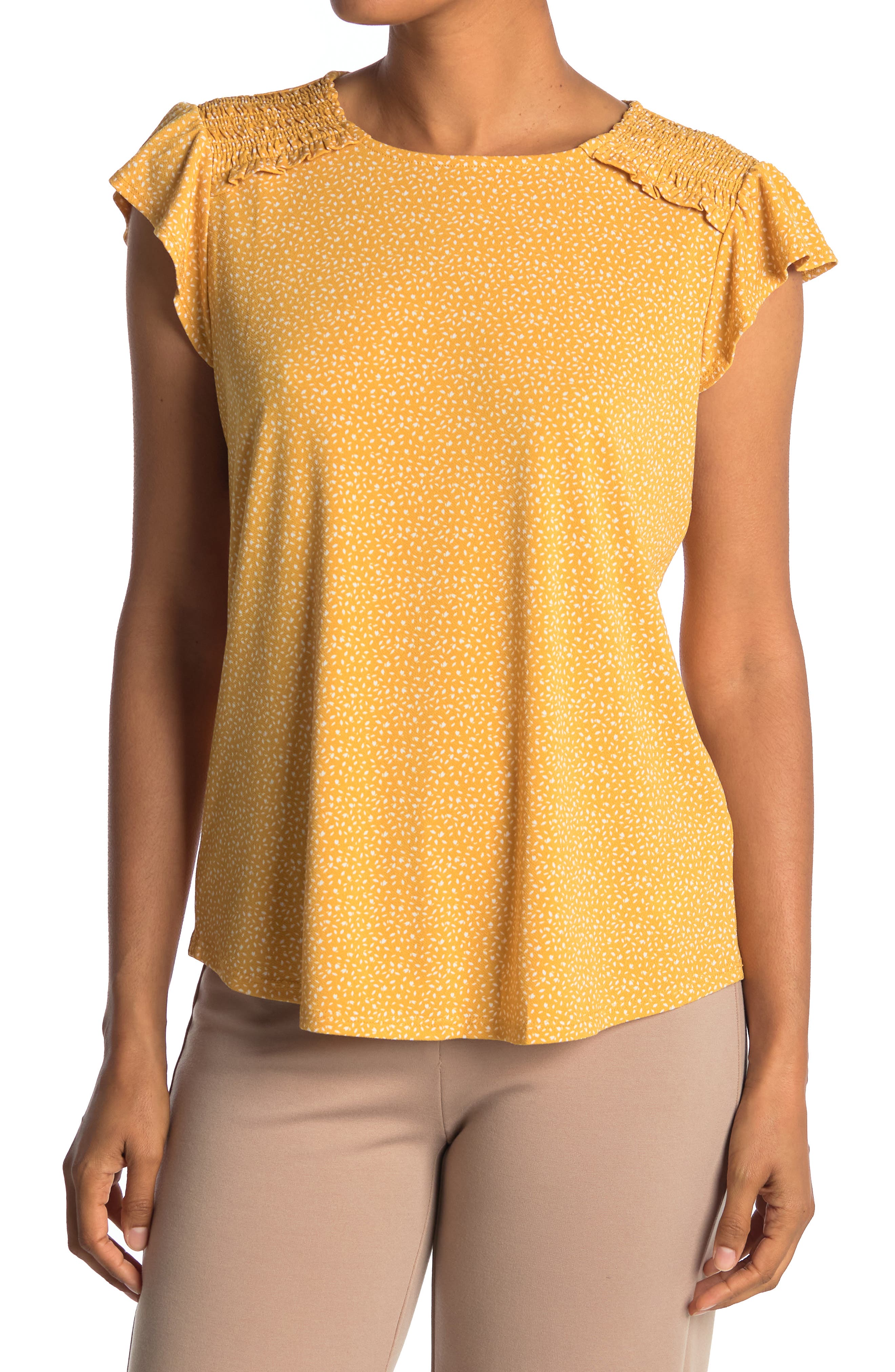 Adrianna Papell Printed Ruffle Cap Sleeve Top In Open Yellow46