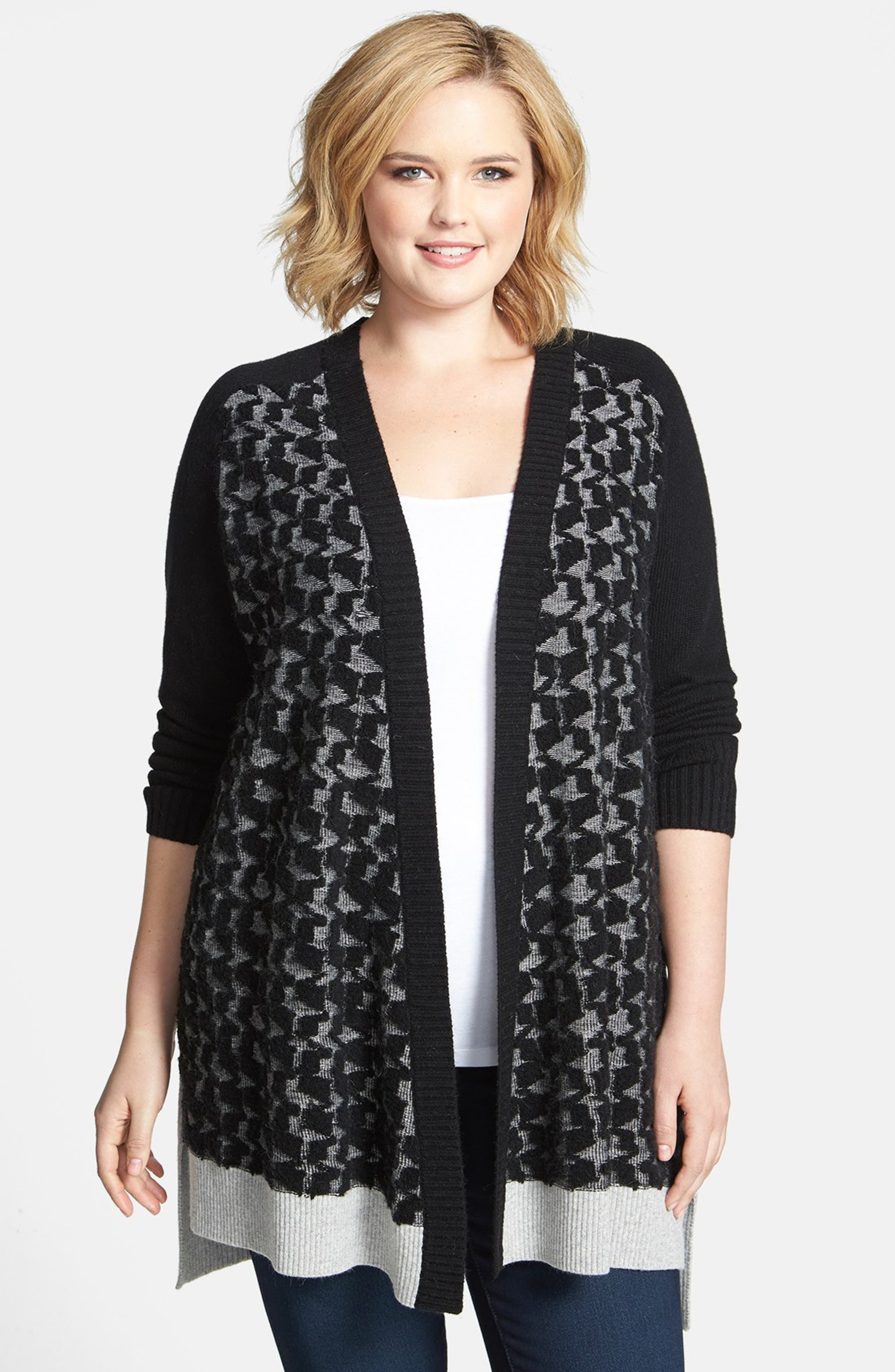 DKNYC Open Front Houndstooth Textured Cardigan (Plus Size) | Nordstrom