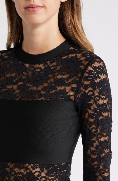 Shop Bebe Illusion Lace Long Sleeve Bandage Minidress In Black/nude