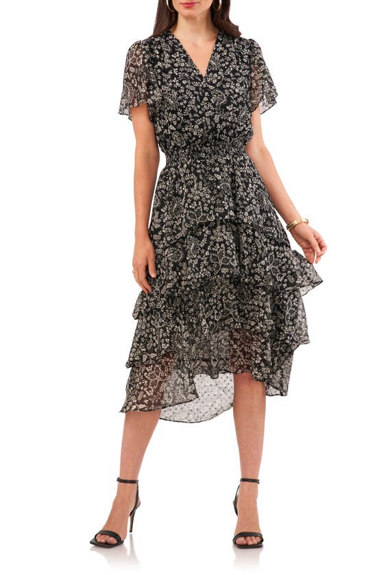 Shop Vince Camuto Floral Print Tiered Chiffon Dress In Rich Black