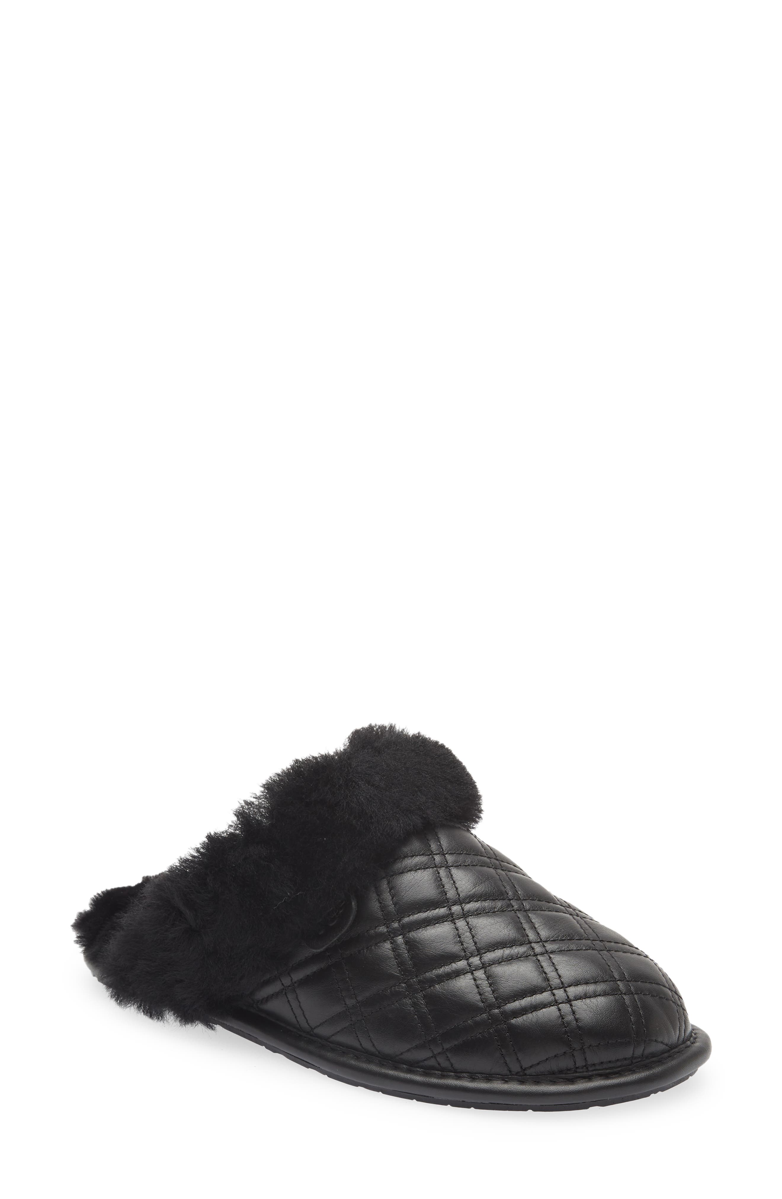 womens black faux fur slippers