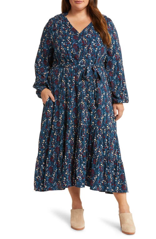caslon(r) Floral Long Sleeve Tiered Dress in Navy- Blue Cayce Floral